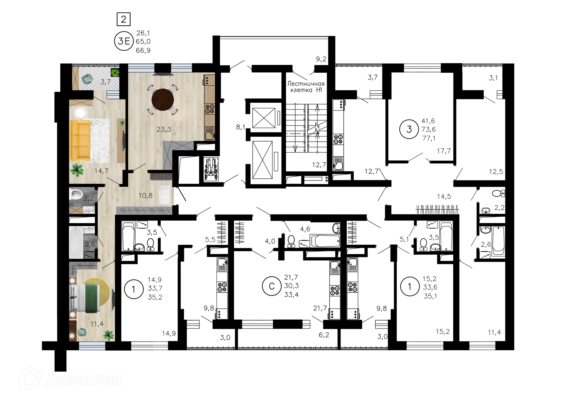 Планировка 3-комнатной квартиры 66.9 м² в ЖК Лето, г. Воронеж — фото 2