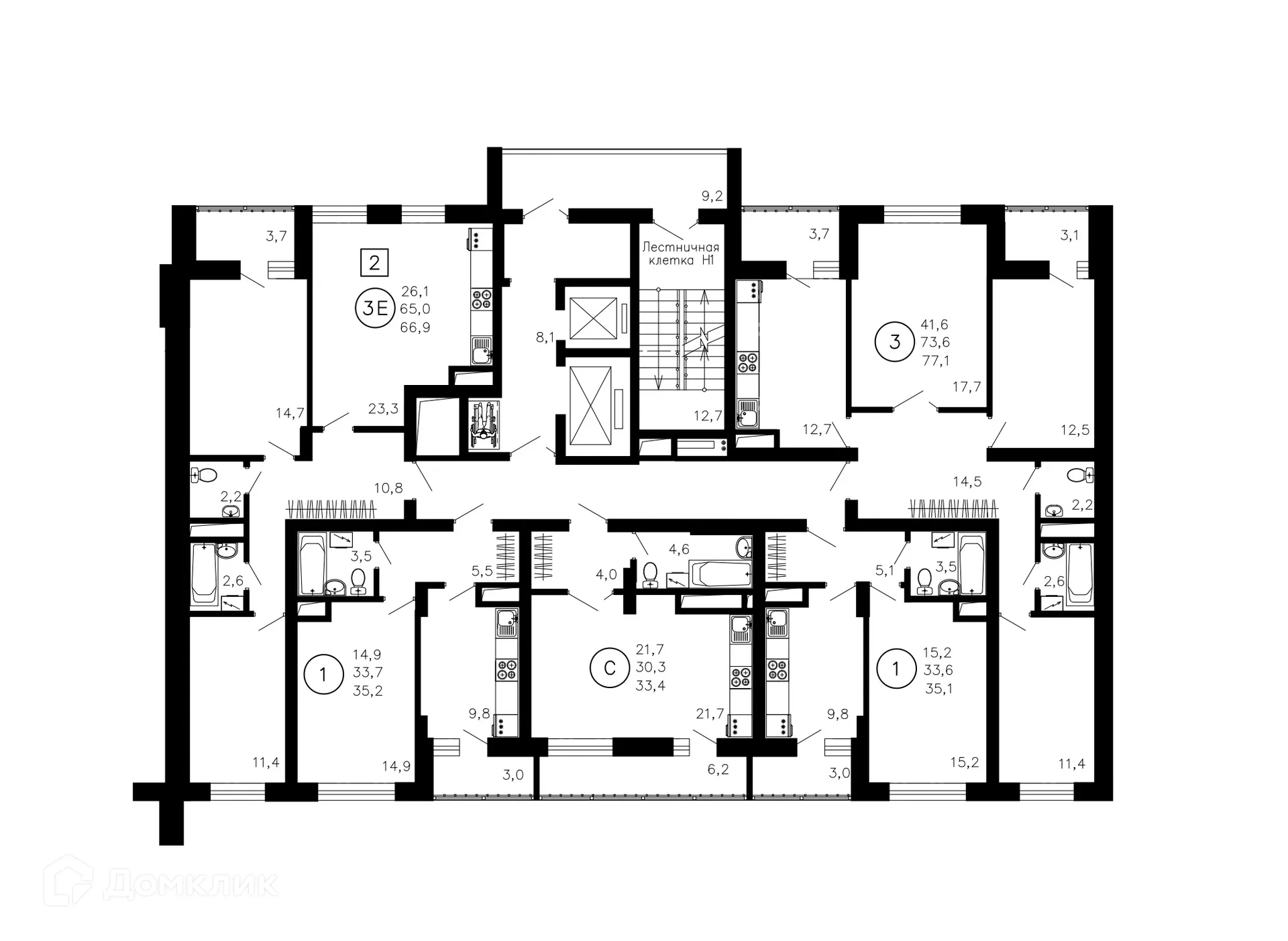 Планировка 3-комнатной квартиры 66.9 м² в ЖК Лето, г. Воронеж — фото 7
