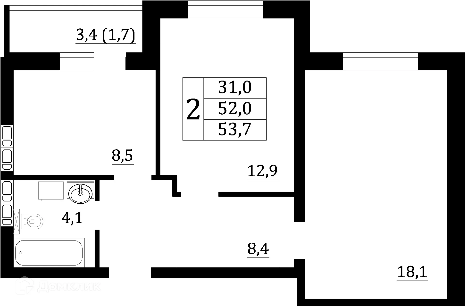 Планировка 2-комнатной квартиры 53.7 м² в ЖК "Героев Стратосферы", г. Воронеж — фото 2