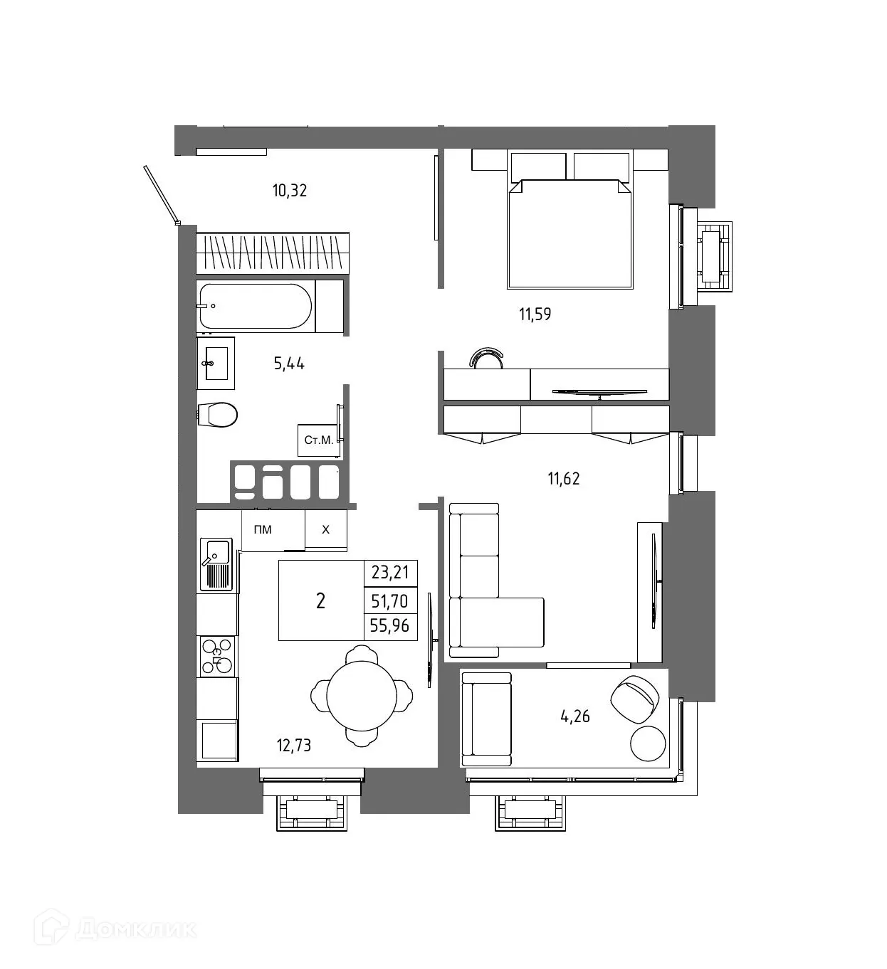 Планировка 2-комнатной квартиры 55.96 м² в ЖК ОМЕГА, г. Волгоград — фото 1