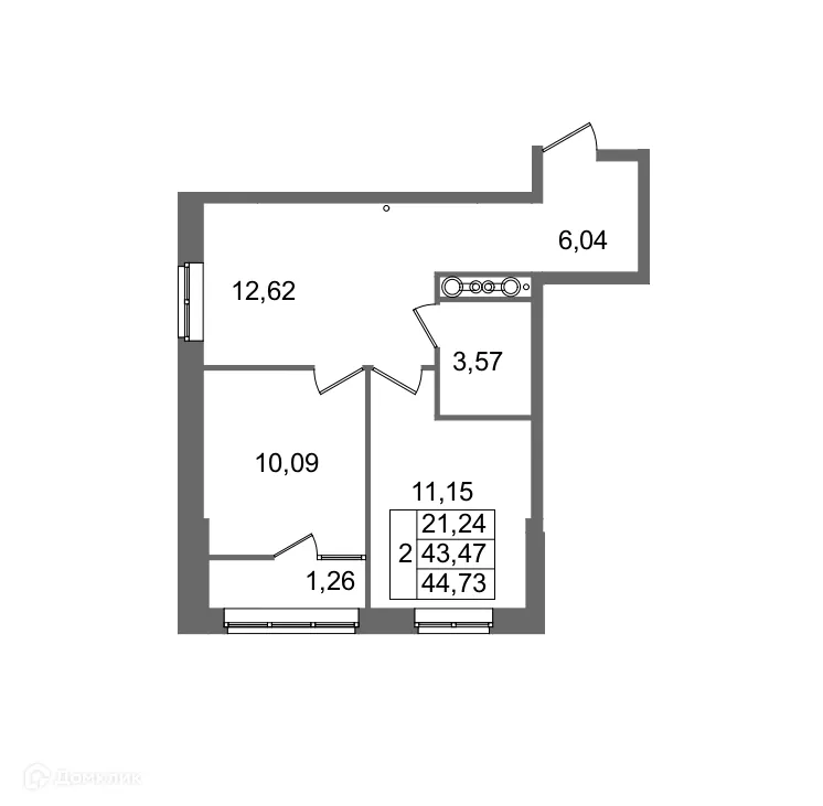 Планировка 2-комнатной квартиры 44.73 м² в ЖК Гармония, г. Волгоград — фото 1