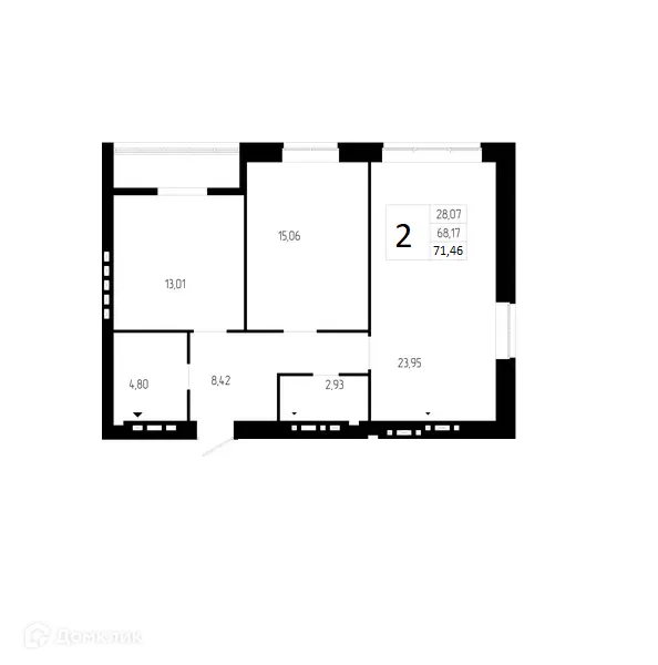 Планировка 2-комнатной квартиры 71.46 м² в ЖК ОНЕГИН, г. Волгоград — фото 1
