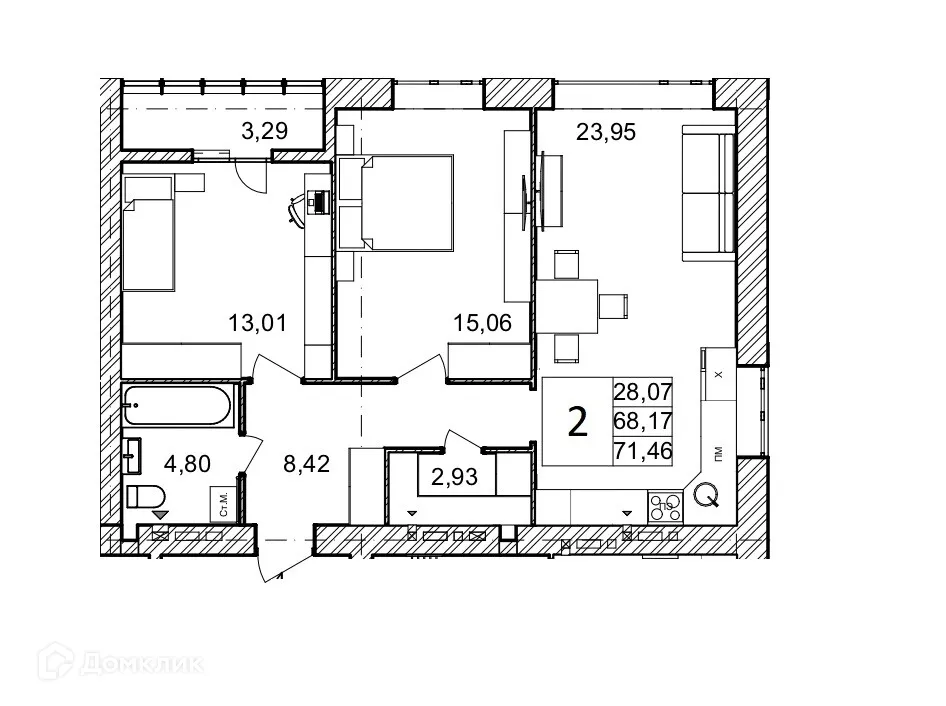 Планировка 2-комнатной квартиры 71.46 м² в ЖК ОНЕГИН, г. Волгоград — фото 2