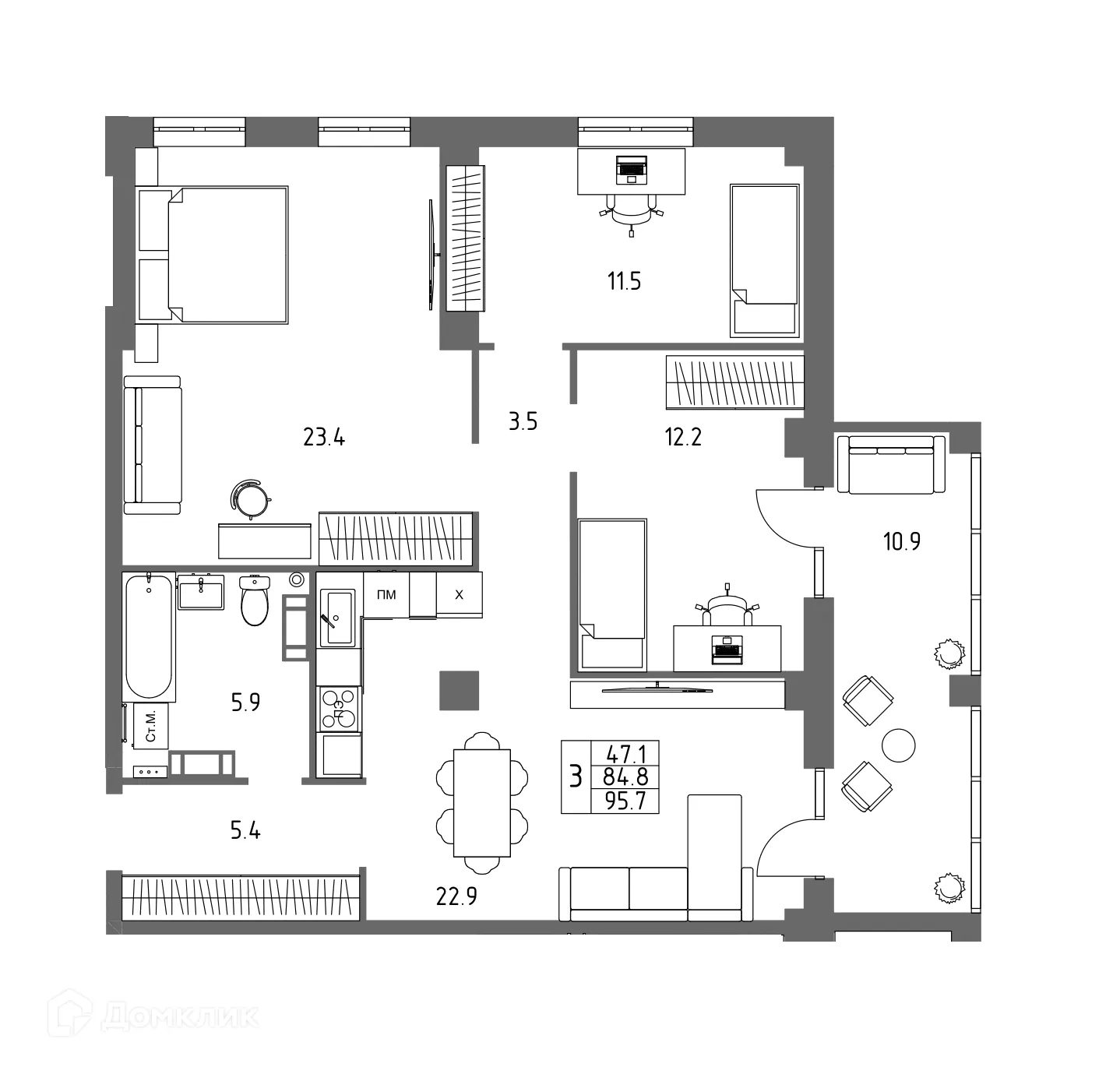 Планировка 3-комнатной квартиры 95.7 м² в ЖК ГАЛАКТИКА, г. Волгоград — фото 3