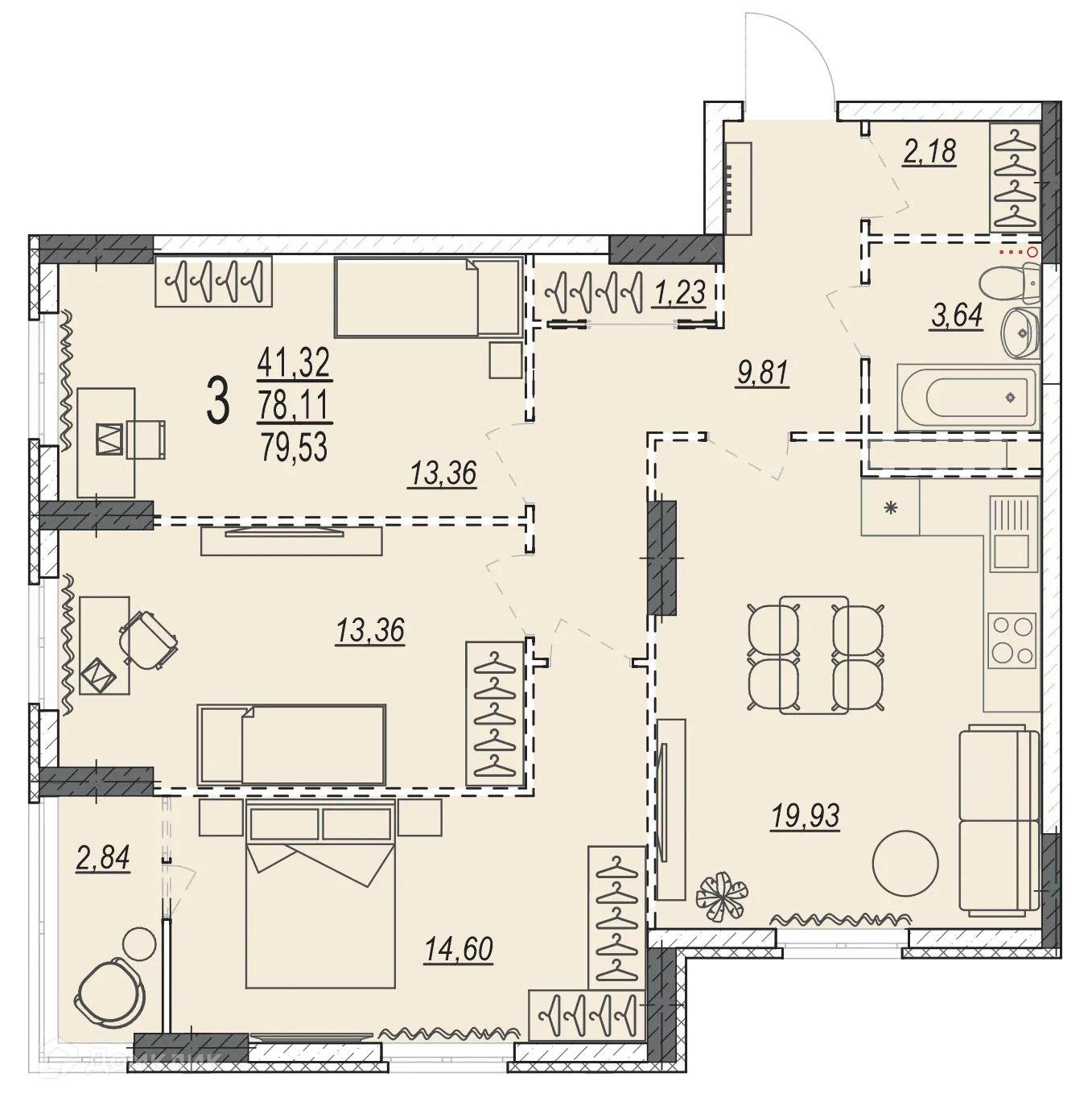Планировка 3-комнатной квартиры 79.53 м² в ЖК на 35 Гвардейской, г. Волгоград — фото 1
