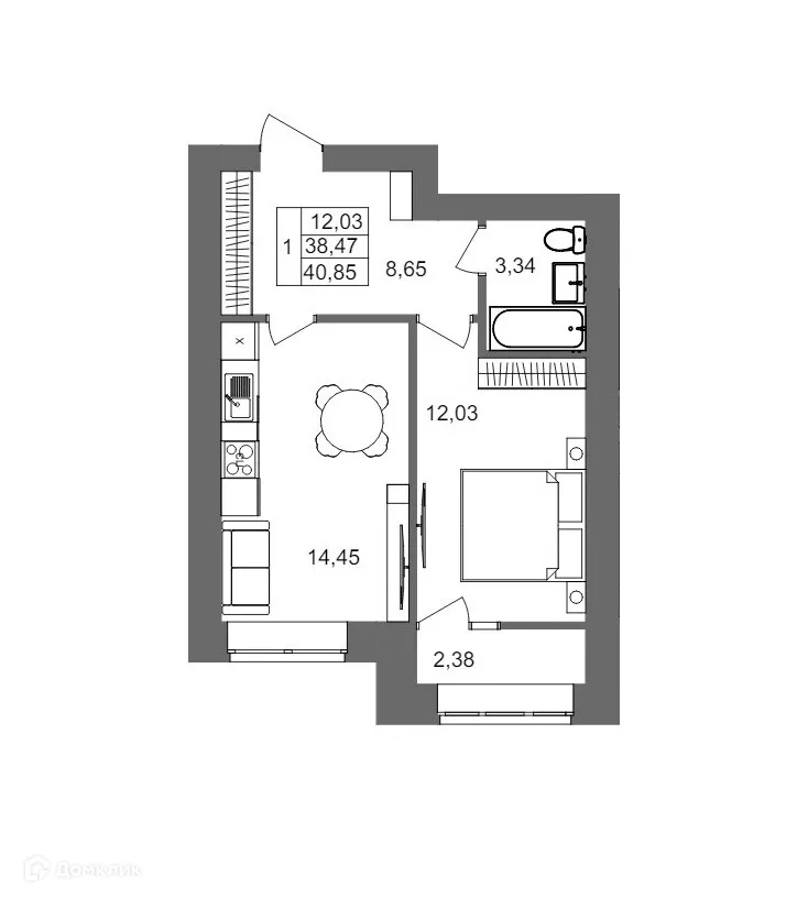 Планировка 1-комнатной квартиры 40.85 м² в ЖК Клубный дом на Жукова, г. Волгоград — фото 2