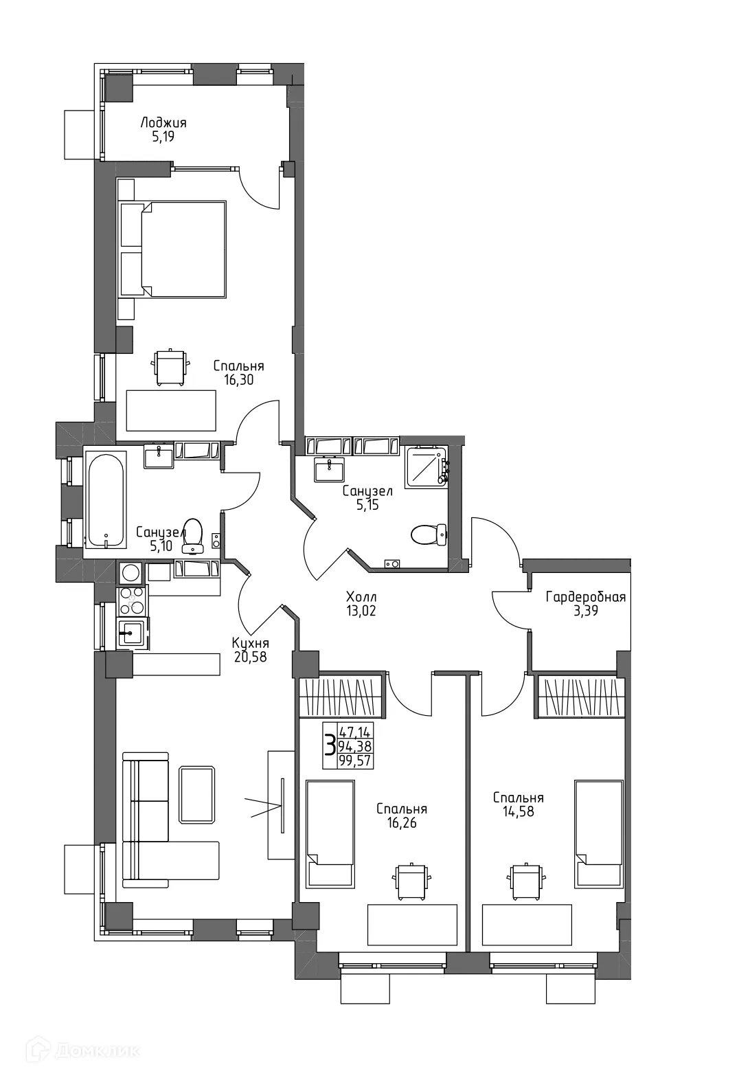 Планировка 3-комнатной квартиры 99.57 м² в ЖК ОСНОВА, г. Волгоград — фото 17