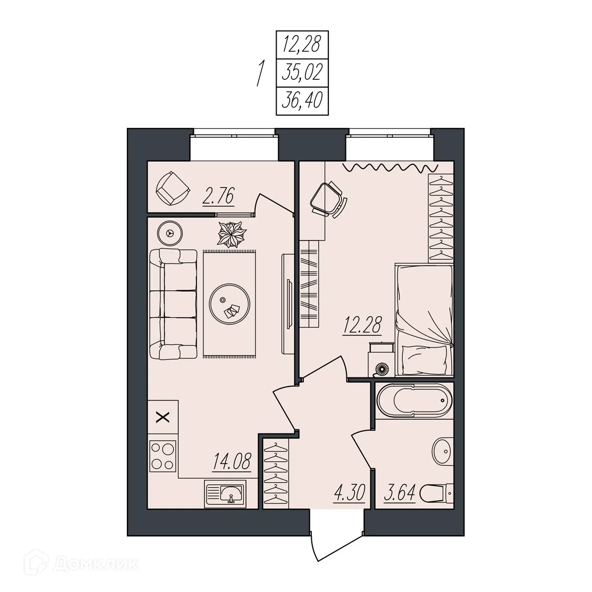 Планировка 1-комнатной квартиры 36.4 м² в ЖК на Атласова, г. Волгоград — фото 7