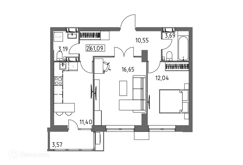 Планировка 2-комнатной квартиры 61.09 м² в ЖК Фаренгейт, г. Волгоград — фото 3