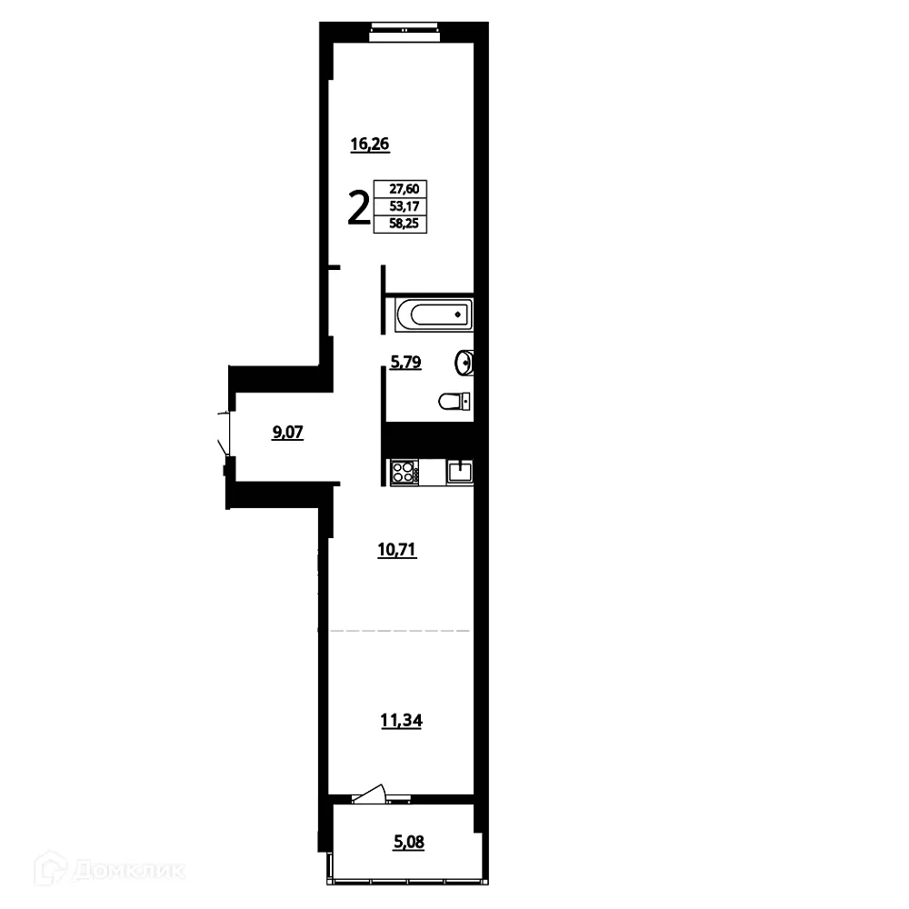 Планировка 2-комнатной квартиры 58.25 м² в ЖК "Графит", г. Волгоград — фото 1