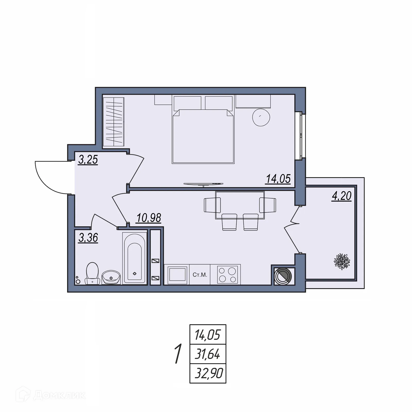 Планировка 1-комнатной квартиры 32.9 м² в ЖК Новый, г. Волгоград — фото 3