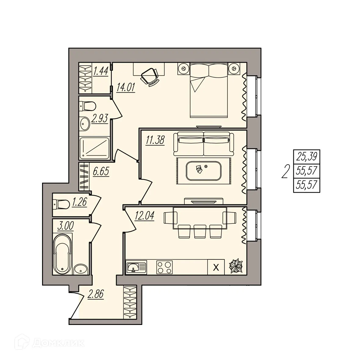 Планировка 2-комнатной квартиры 55.57 м² в ЖК Герои, г. Волгоград — фото 3