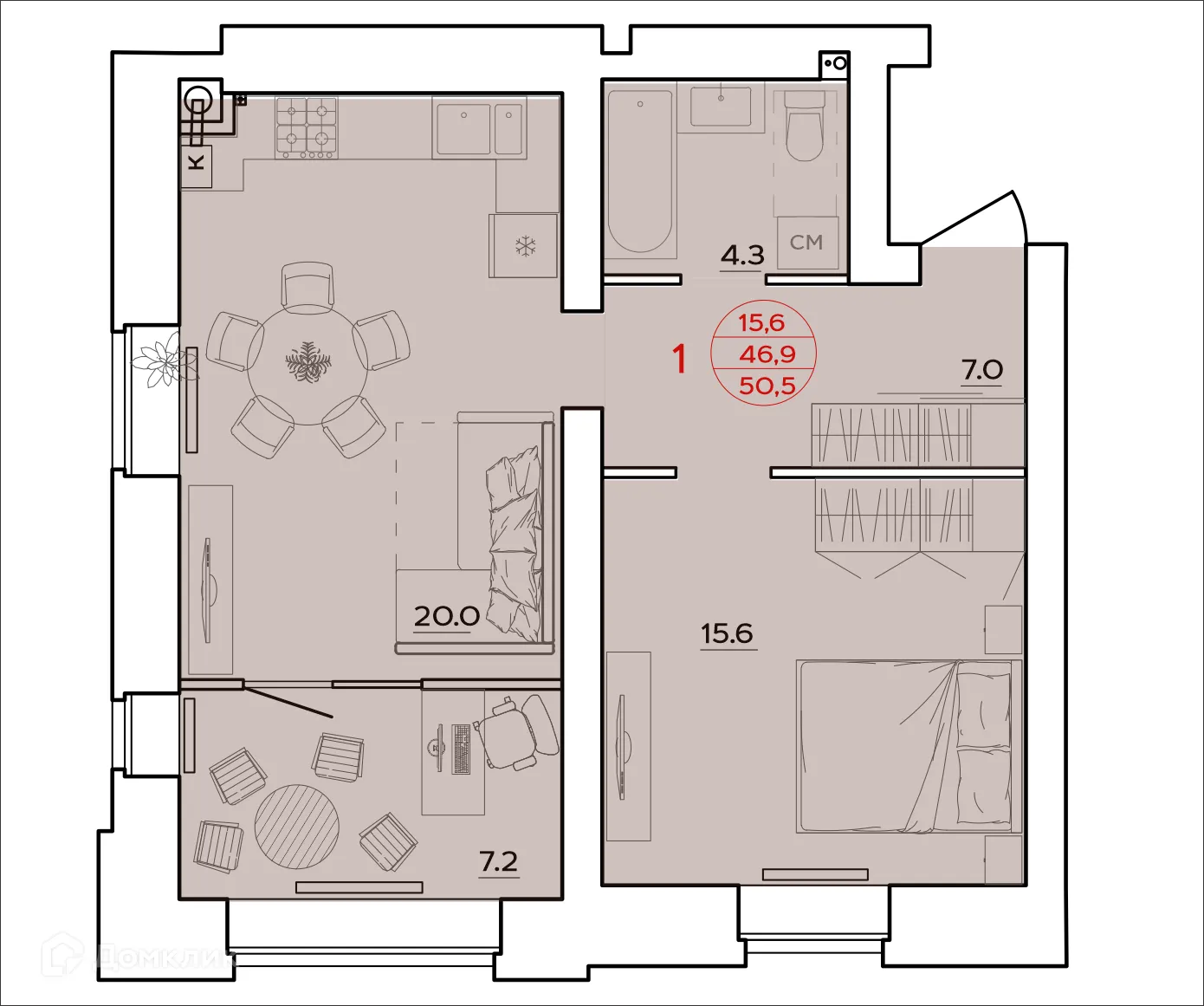 Планировка 1-комнатной квартиры 50.5 м² в ЖК Времена Года, г. Волгоград — фото 1