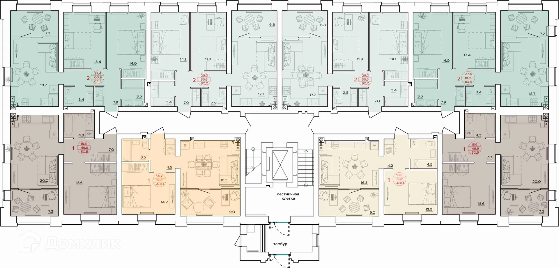 Планировка 1-комнатной квартиры 50.5 м² в ЖК Времена Года, г. Волгоград — фото 2