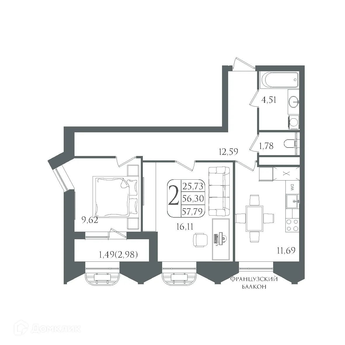 Планировка 2-комнатной квартиры 57.81 м² в ЖК DOLCE VITA, г. Волгоград — фото 3