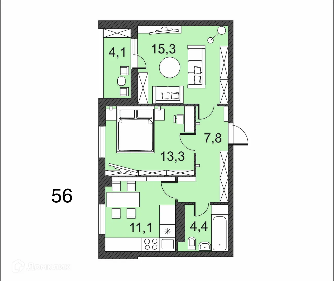 Планировка 2-комнатной квартиры 56 м² в ЖК по улице Гагринская, г. Волгоград — фото 1
