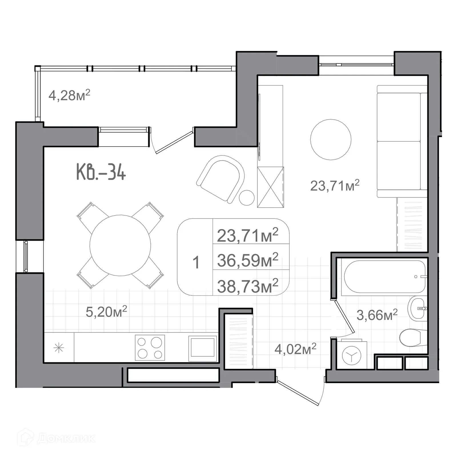 Планировка студии квартиры 38.73 м² в ЖК ФАКУЛЬТЕТ, г. Волгоград — фото 1
