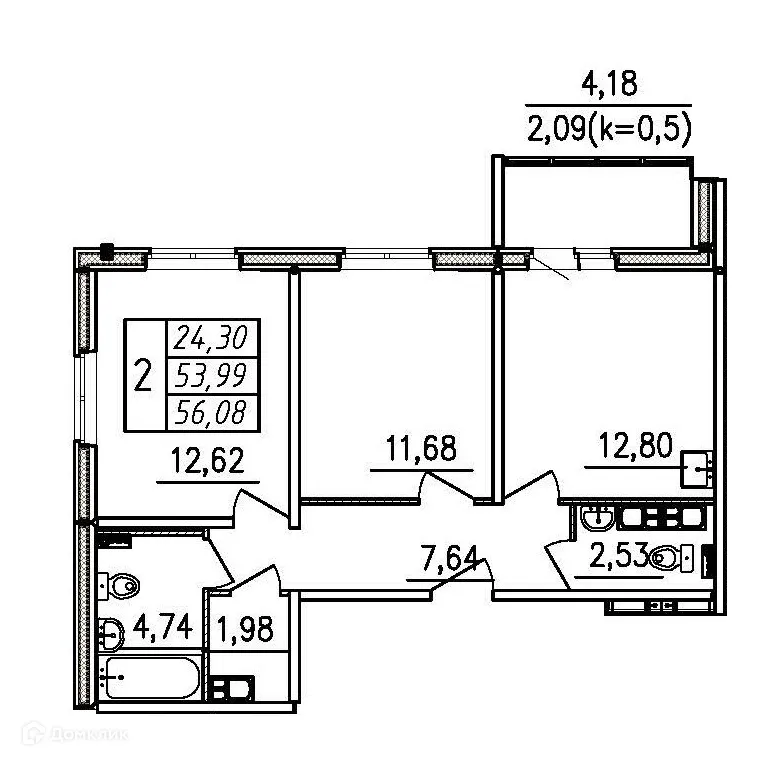 Планировка 2-комнатной квартиры 56.08 м² в ЖК По ул Школьная, г. Санкт-Петербург — фото 1