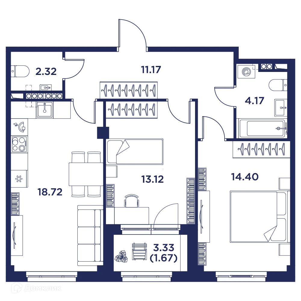 Планировка 2-комнатной квартиры 65.57 м² в ЖК Кронфорт. Центральный, г. Санкт-Петербург — фото 6
