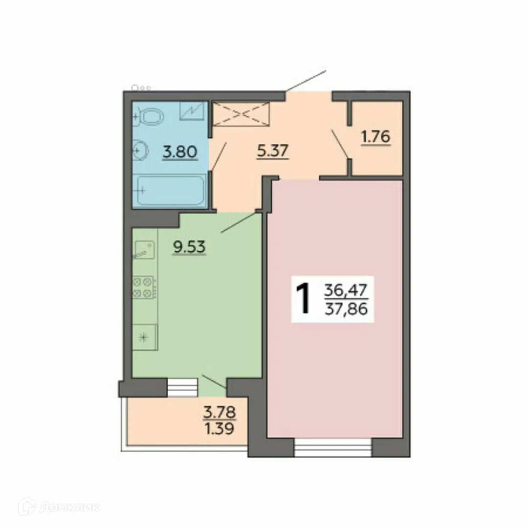 Планировка 1-комнатной квартиры 37.86 м² в ЖК Авиапарк, г. Воронеж — фото 1