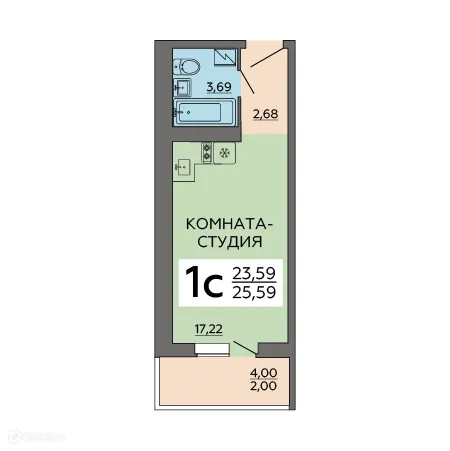 Планировка 1-комнатной квартиры 25.59 м² в ЖК "Авиатор 2", г. Воронеж — фото 1