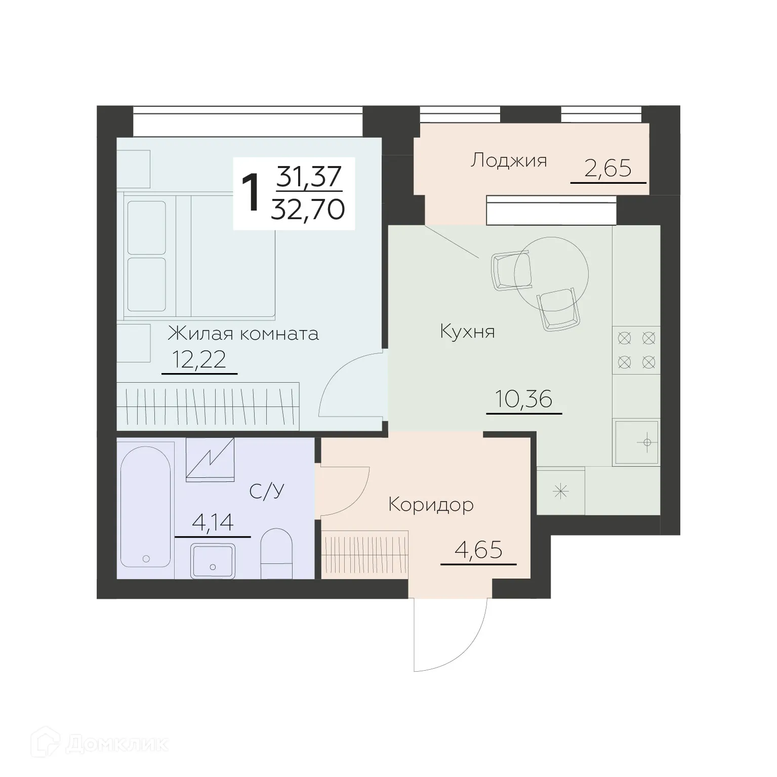 Планировка 1-комнатной квартиры 32.7 м² в ЖК Заря, г. Воронеж — фото 1