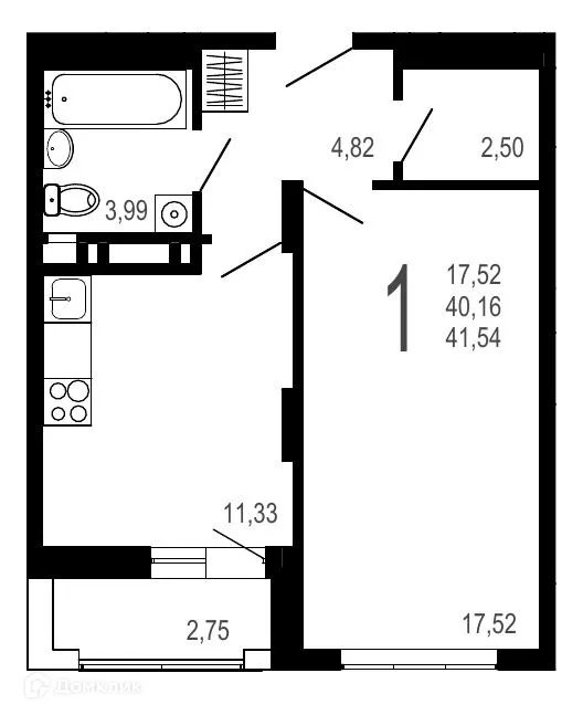 Планировка 1-комнатной квартиры 41.54 м² в ЖК Никитин, г. Воронеж — фото 1
