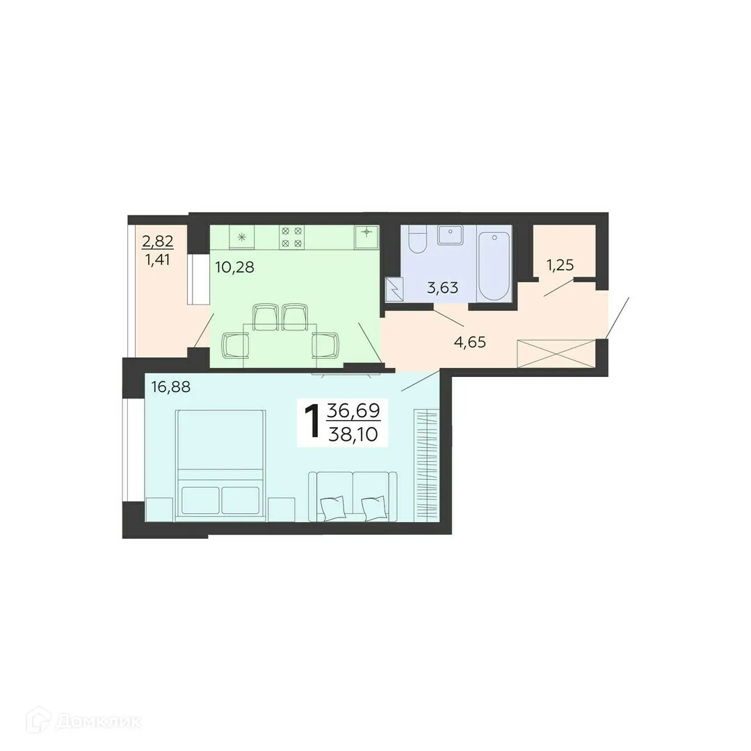 Планировка 1-комнатной квартиры 38.1 м² в ЖК "Галактика 3", г. Воронеж — фото 1