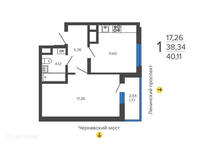 Планировка 1-комнатной квартиры 40.11 м² в ЖК "Дом на набережной", г. Воронеж — фото 2