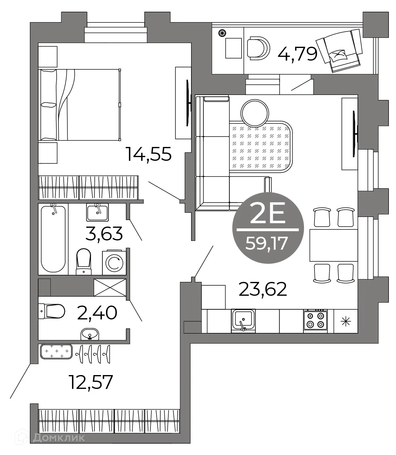 Планировка 2-комнатной квартиры 59.17 м² в ЖК Галилей, г. Воронеж — фото 1