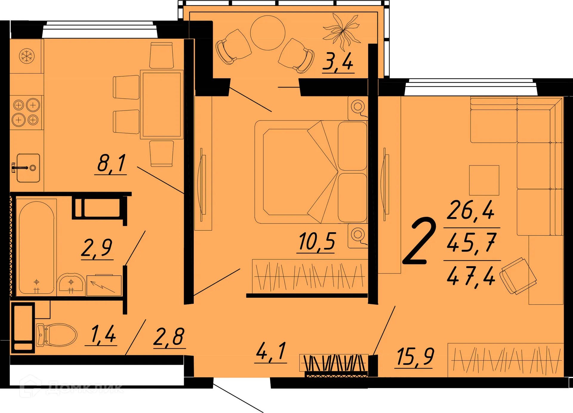 Планировка 2-комнатной квартиры 47 м² в ЖК Ласточкино, г. Воронеж — фото 1