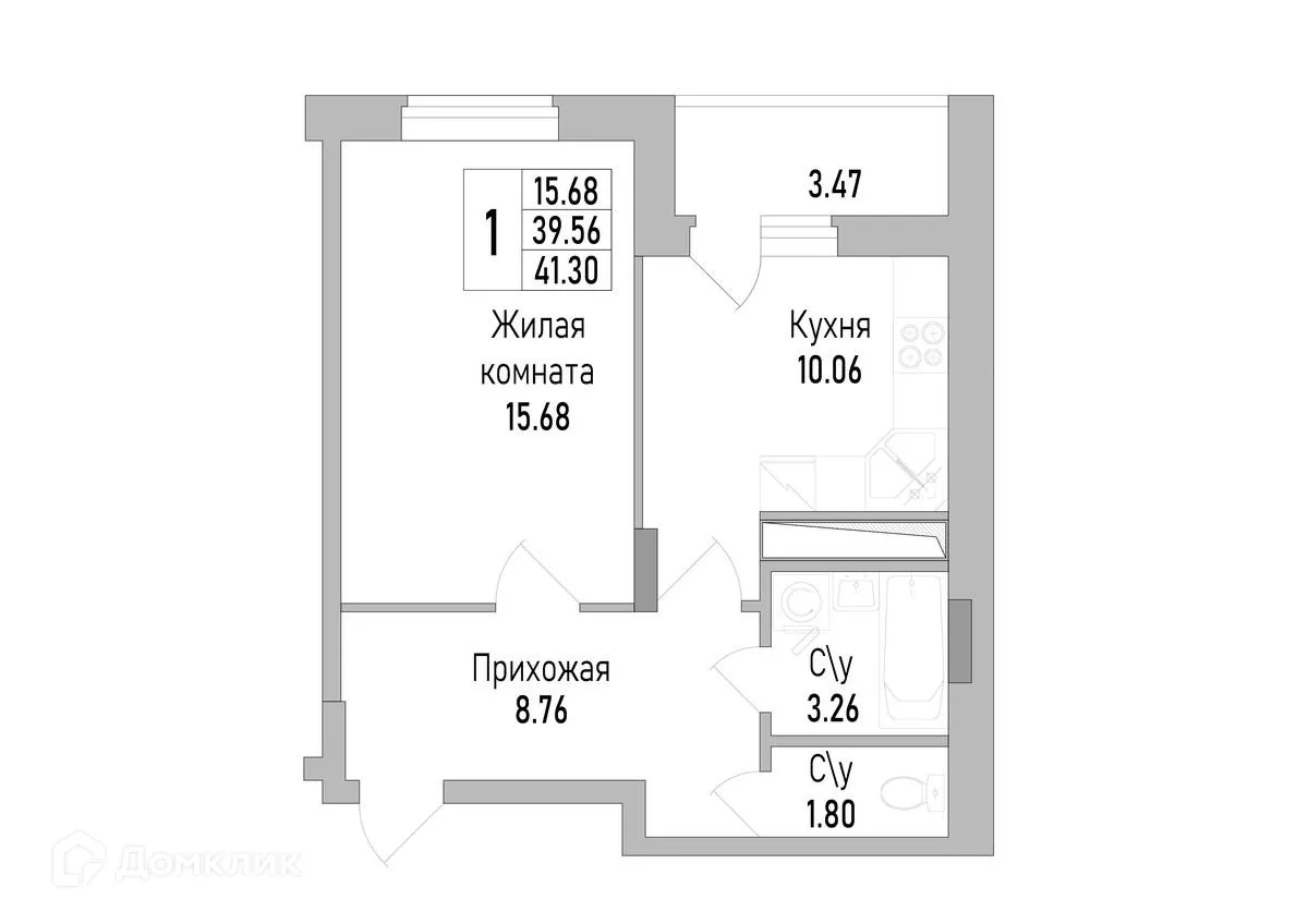 Планировка 1-комнатной квартиры 41.3 м² в ЖК НОВЫЙ СОЛНЕЧНЫЙ, г. Воронеж — фото 2