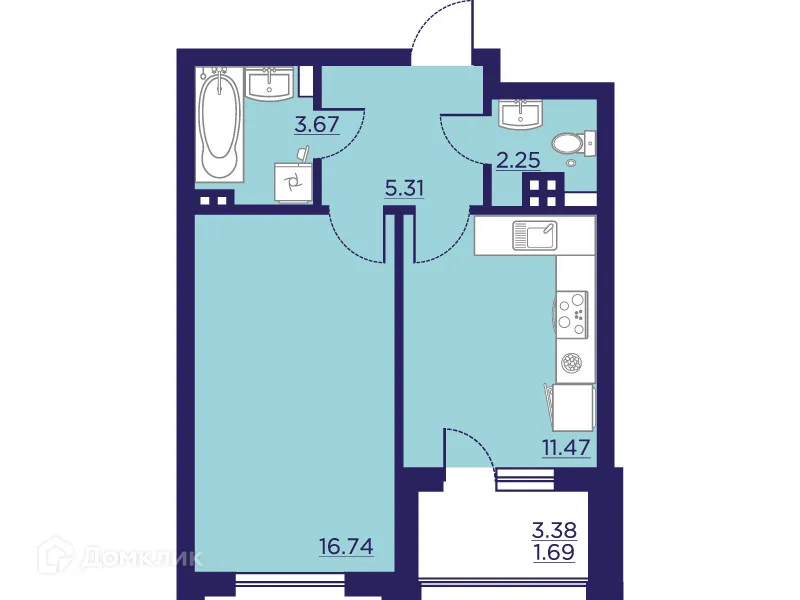 Планировка 1-комнатной квартиры 41.13 м² в ЖК Городские Сады, г. Воронеж — фото 2