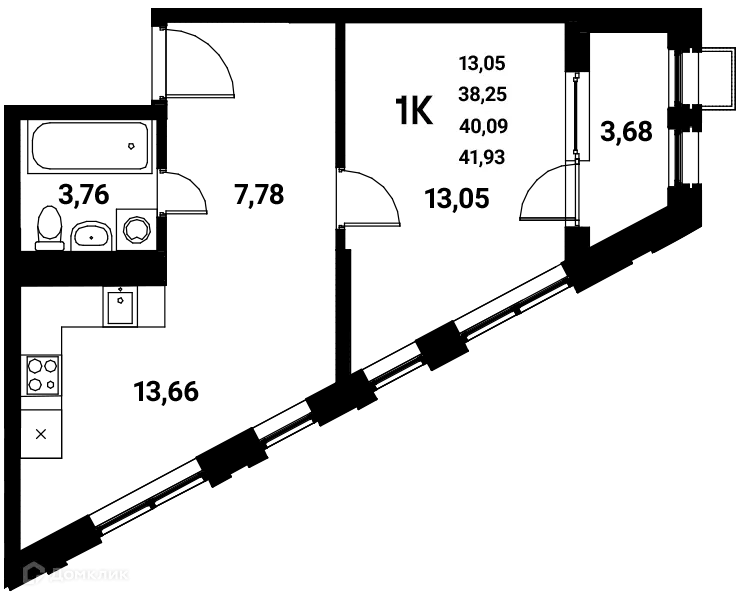 Планировка 1-комнатной квартиры 40.09 м² в ЖК Z-town (Зет-таун), г. Воронеж — фото 1