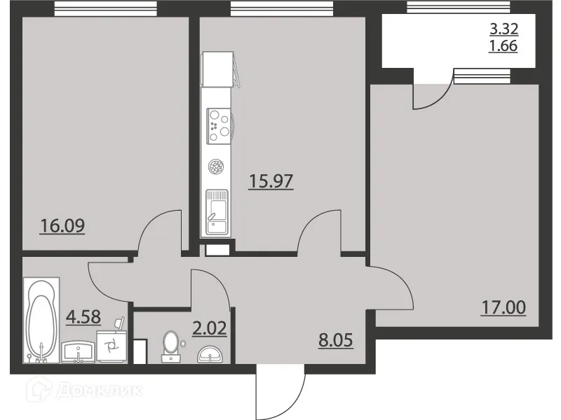 Планировка 2-комнатной квартиры 65.37 м² в ЖК "Гран-При", г. Воронеж — фото 2