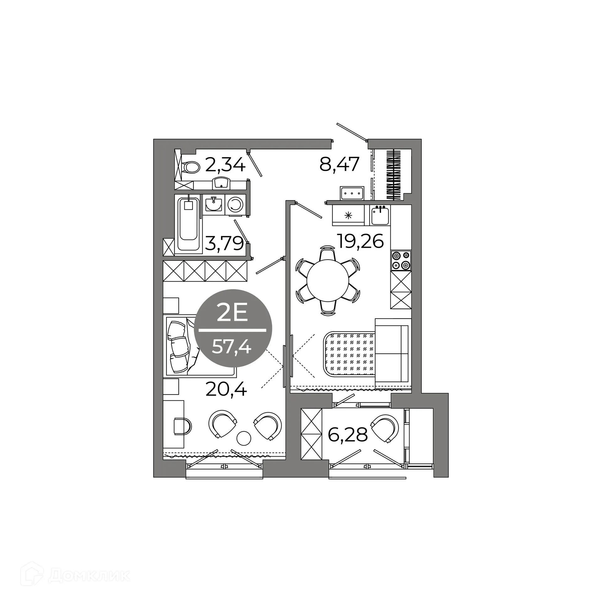 Планировка 2-комнатной квартиры 57.4 м² в ЖК Клубный дом "905", г. Улан-Удэ — фото 4