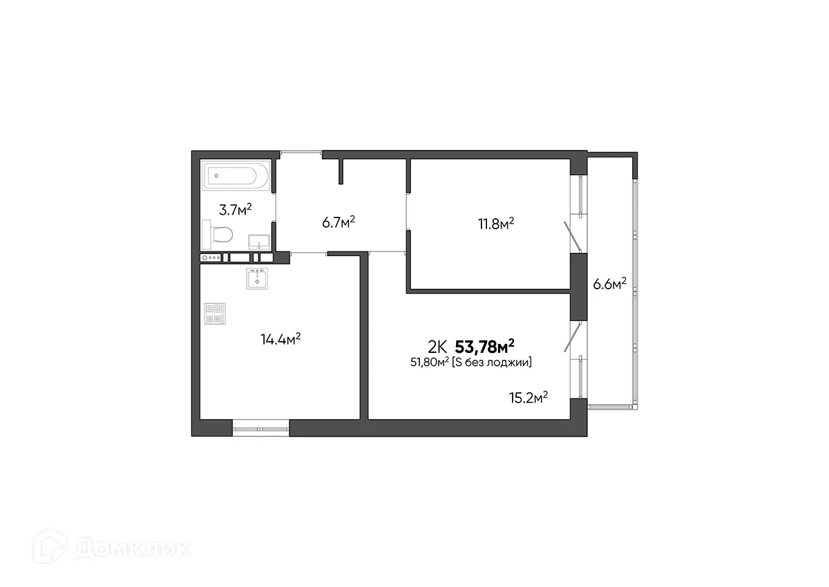 Планировка 2-комнатной квартиры 53.78 м² в ЖК Квартал, г. Волгоград — фото 1