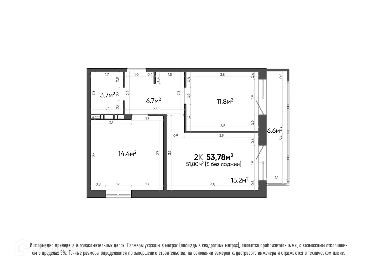 Планировка 2-комнатной квартиры 53.78 м² в ЖК Квартал, г. Волгоград — фото 3