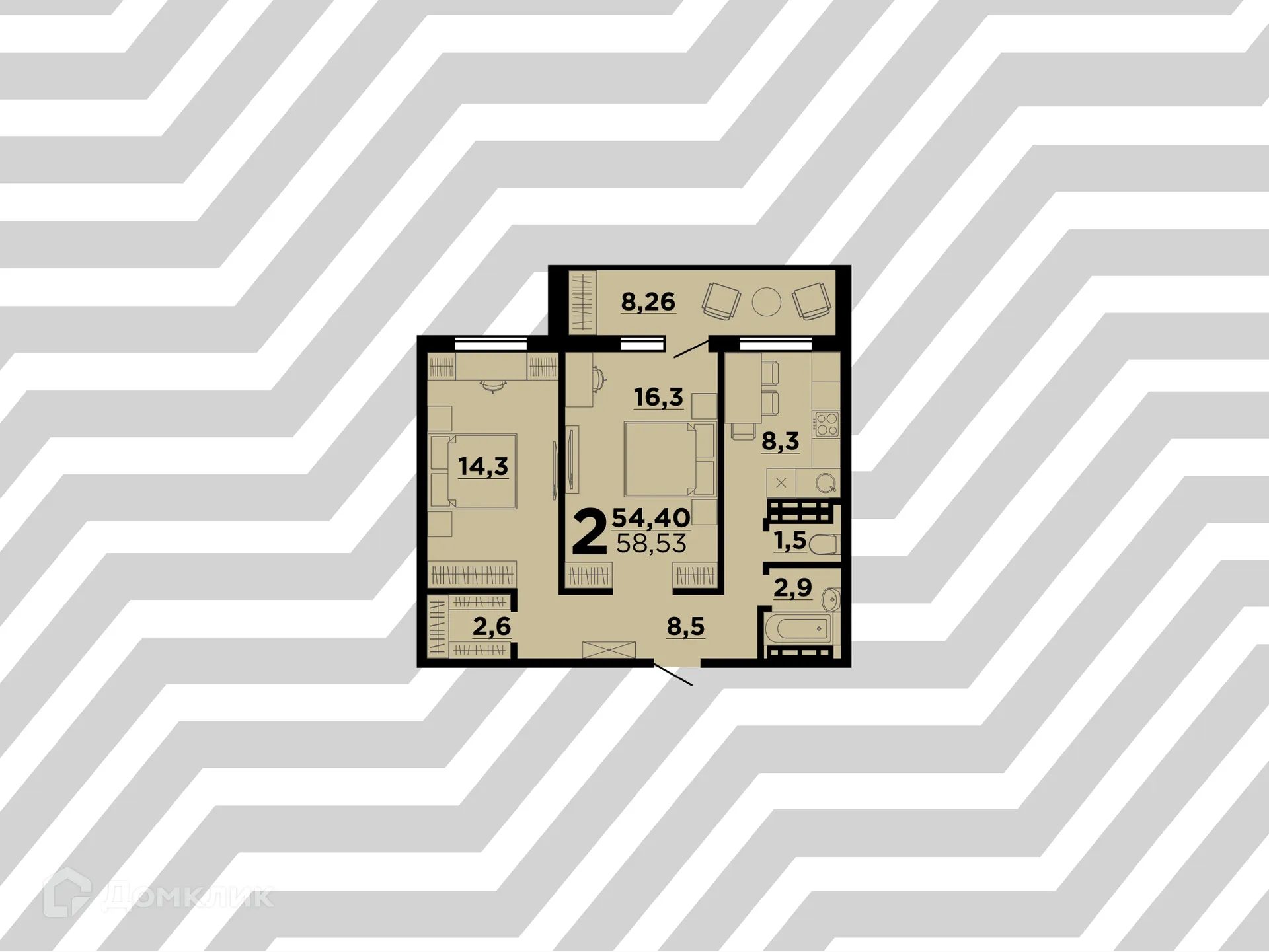 Планировка 2-комнатной квартиры 58.53 м² в ЖК Парк Европейский, г. Волгоград — фото 1