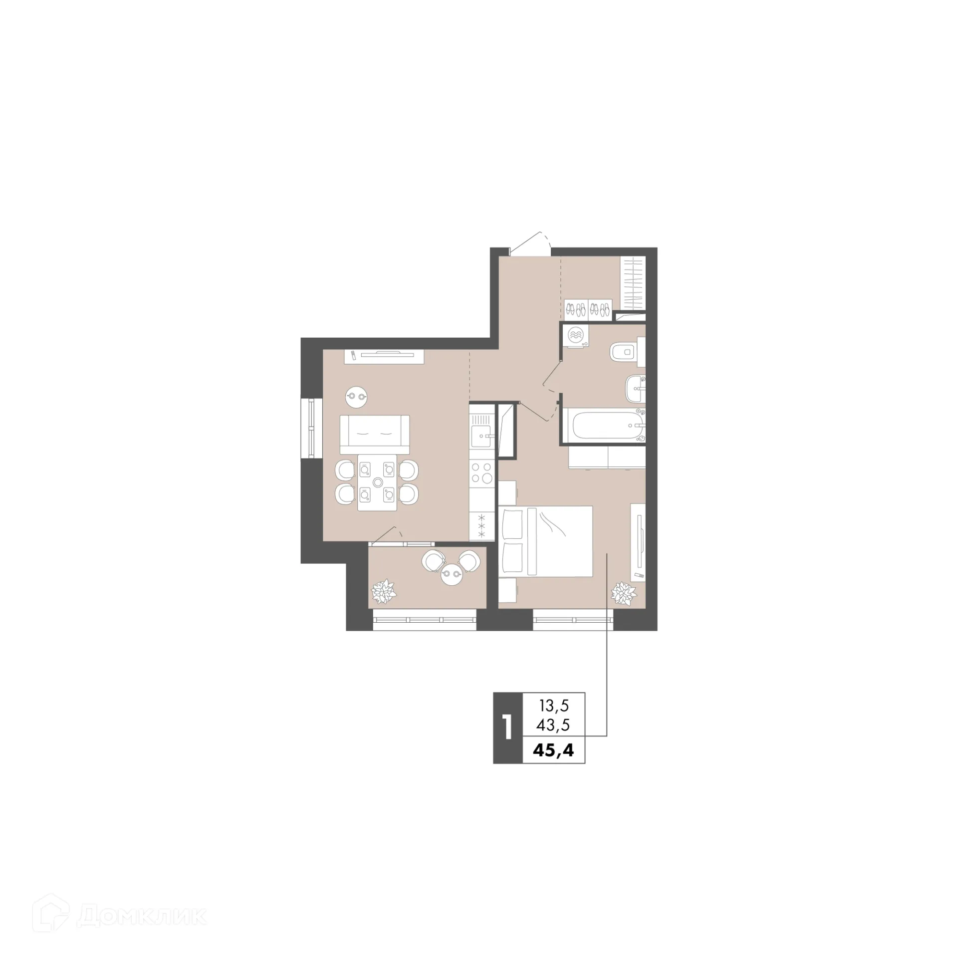 Планировка 1-комнатной квартиры 45.4 м² в ЖК Маяк на Двинской, г. Волгоград — фото 11