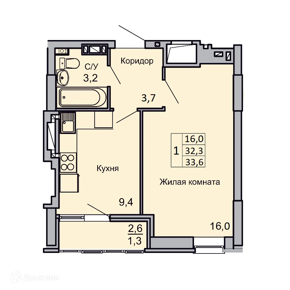 Планировка 1-комнатной квартиры 33.6 м² в ЖК Засекин, г. Волгоград — фото 1
