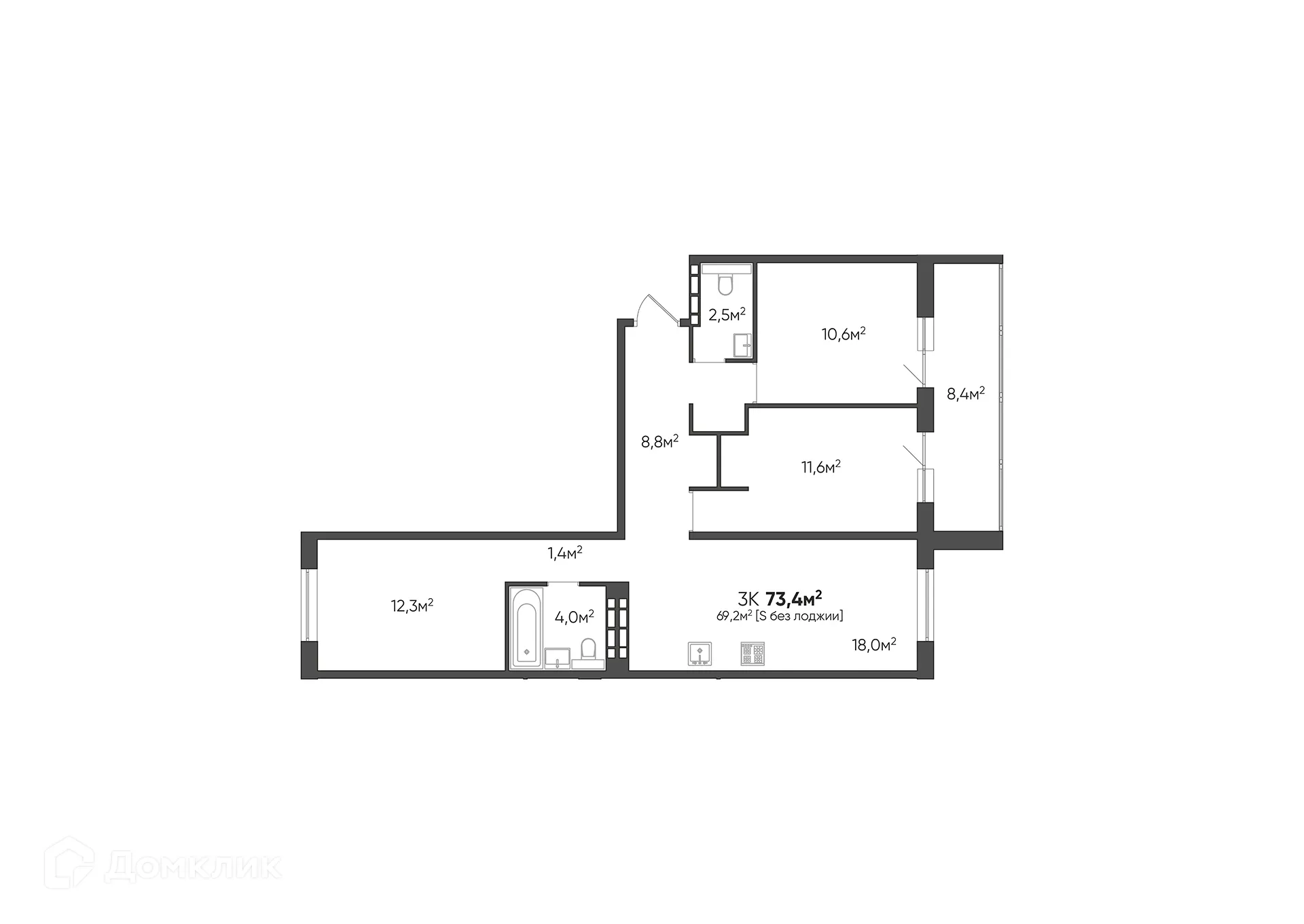 Планировка 3-комнатной квартиры 73.4 м² в ЖК Цех, г. Волгоград — фото 20