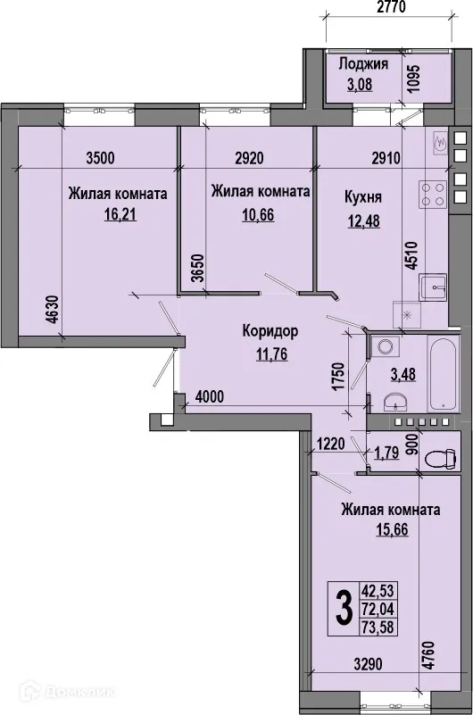 Планировка 3-комнатной квартиры 73.58 м² в ЖК Долина, г. Волгоград — фото 2