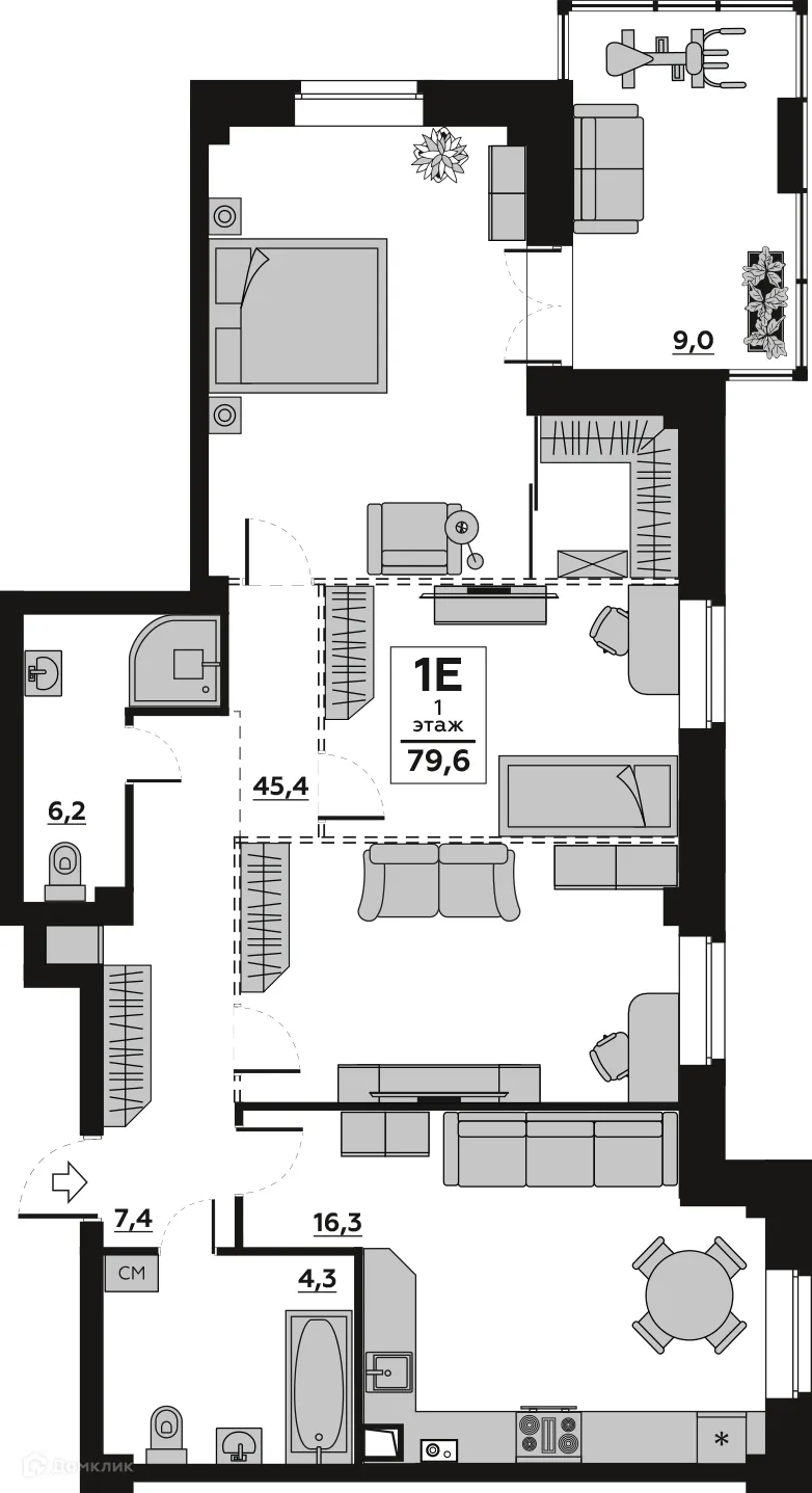 Планировка 3-комнатной квартиры 79.63 м² в ЖК "Лапшин Loft (Лапшин Лофт)", г. Волгоград — фото 3