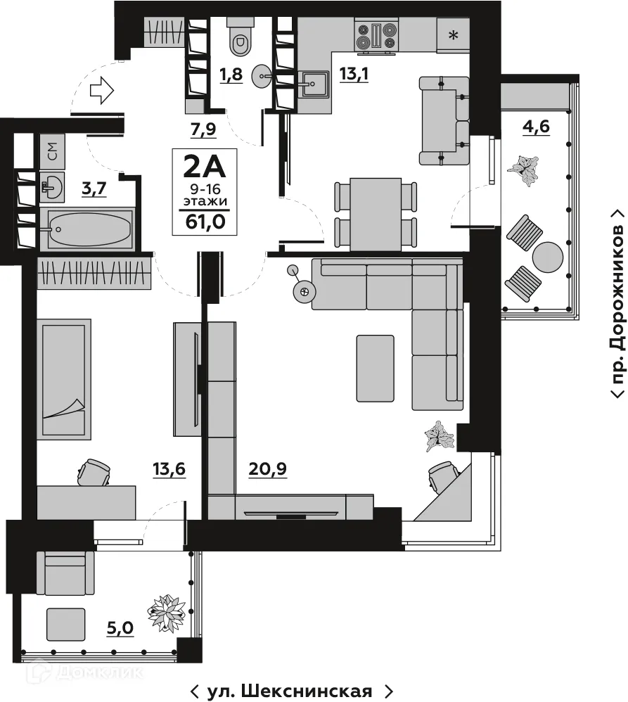 Планировка 2-комнатной квартиры 65.8 м² в ЖК Бейкер Стрит, г. Волгоград — фото 3