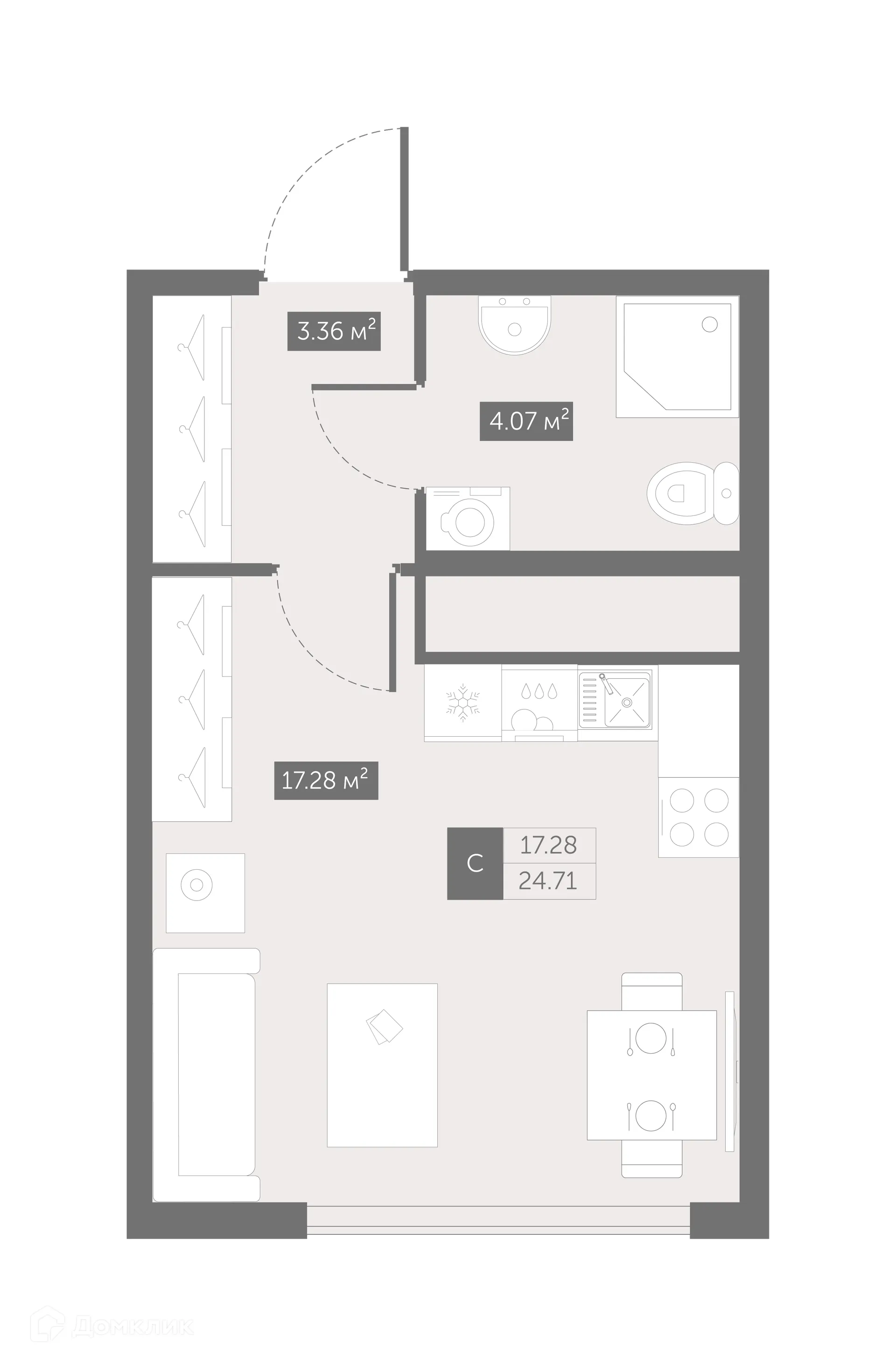 Планировка студии квартиры 24.9 м² в ЖК UP-квартал Новый Московский, г. Санкт-Петербург — фото 1