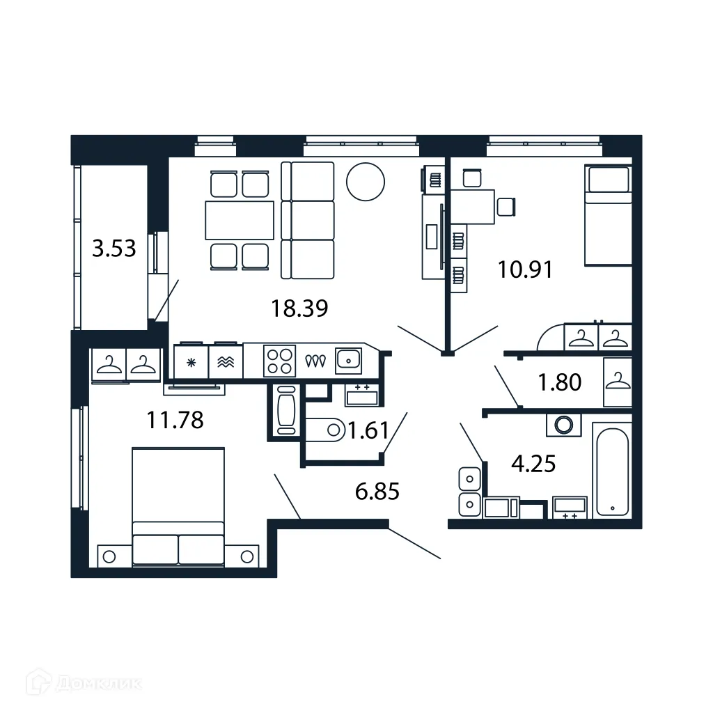Планировка 2-комнатной квартиры 54.3 м² в ЖК "Полис Приморский 2", г. Санкт-Петербург — фото 1