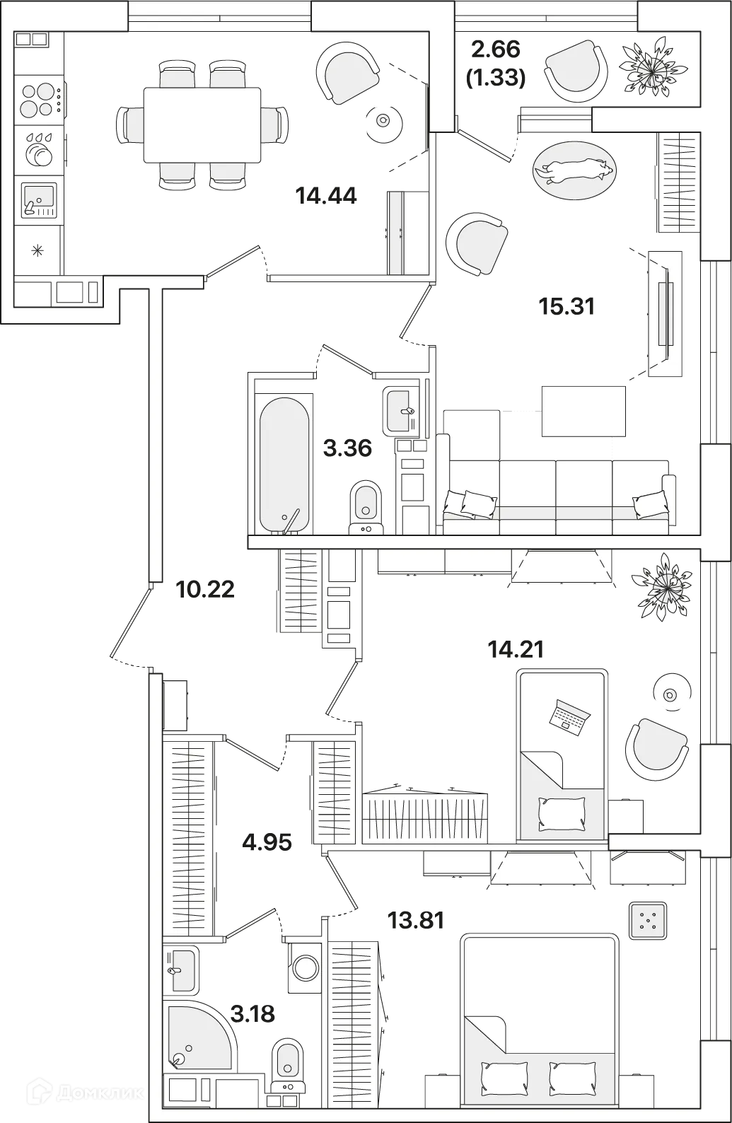 Планировка 3-комнатной квартиры 80.9 м² в ЖК Академик, г. Санкт-Петербург — фото 4