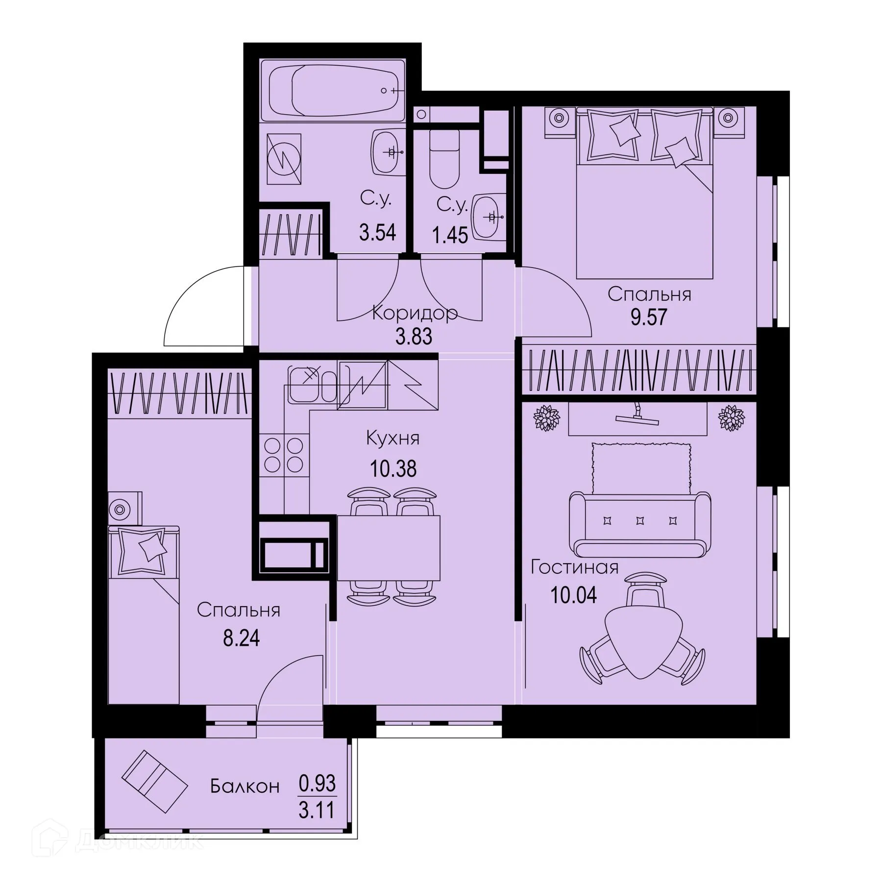 Планировка 3-комнатной квартиры 47.98 м² в ЖК ID Kudrovo II (Айди Кудрово II), г. Санкт-Петербург — фото 1