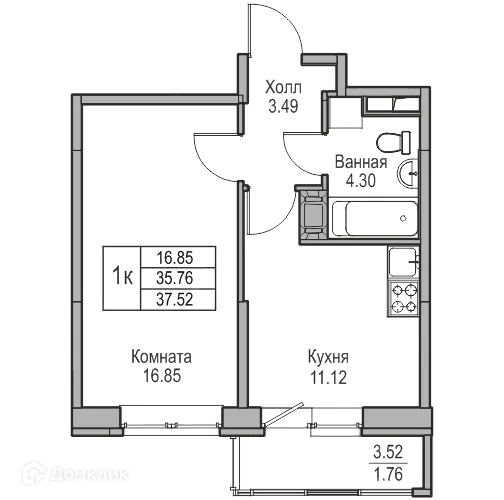 Планировка 1-комнатной квартиры 37.52 м² в ЖК "Юнтолово", г. Санкт-Петербург — фото 2